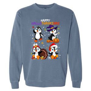 Penguin Happy Hallothanksmas Halloween Thanksgiving Xmas Cute Gift Garment-Dyed Sweatshirt