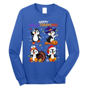 Penguin Happy Hallothanksmas Halloween Thanksgiving Xmas Cute Gift Long Sleeve Shirt