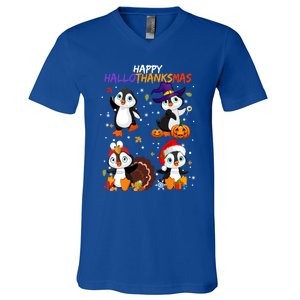 Penguin Happy Hallothanksmas Halloween Thanksgiving Xmas Cute Gift V-Neck T-Shirt