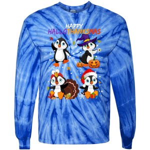 Penguin Happy Hallothanksmas Halloween Thanksgiving Xmas Cute Gift Tie-Dye Long Sleeve Shirt