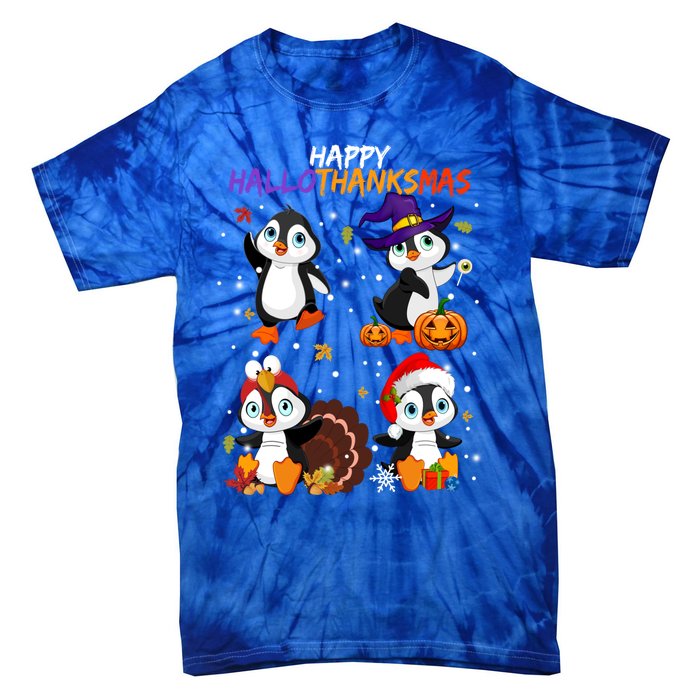 Penguin Happy Hallothanksmas Halloween Thanksgiving Xmas Cute Gift Tie-Dye T-Shirt