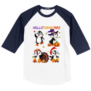 Penguin Happy Hallothanksmas Halloween Thanksgiving Xmas Cute Gift Baseball Sleeve Shirt