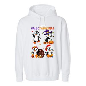 Penguin Happy Hallothanksmas Halloween Thanksgiving Xmas Cute Gift Garment-Dyed Fleece Hoodie