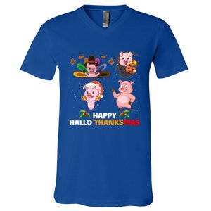 Pig Happy Hallothanksmas Halloween Thanksgiving Xmas Gift V-Neck T-Shirt