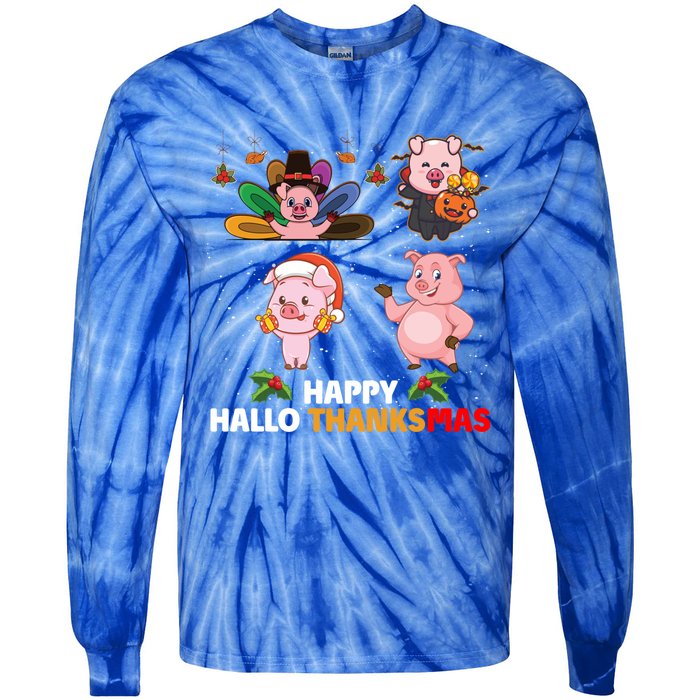 Pig Happy Hallothanksmas Halloween Thanksgiving Xmas Gift Tie-Dye Long Sleeve Shirt