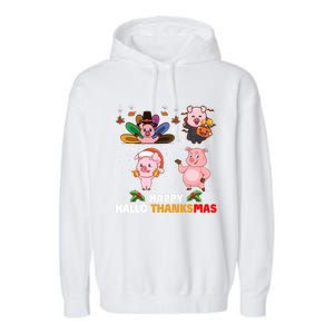 Pig Happy Hallothanksmas Halloween Thanksgiving Xmas Gift Garment-Dyed Fleece Hoodie