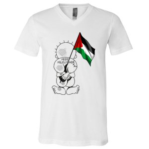 Palestine Hanzala Holding Palestinian Flag Free Palestine Gift V-Neck T-Shirt