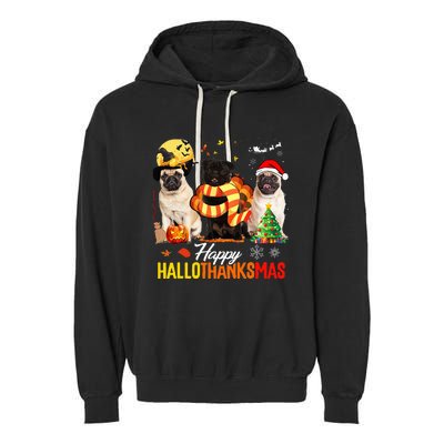 Pug Happy Hallothanksmas Festive Holiday Dog Costume Garment-Dyed Fleece Hoodie