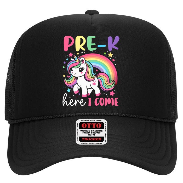 Prek Here I Come Unicorn Girl Back To School High Crown Mesh Back Trucker Hat