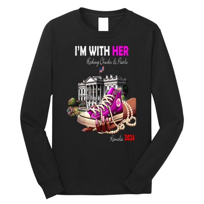 President Harris Im With Her Rocking Chucks & Pearls Kamala Harris 2024 Gift Long Sleeve Shirt