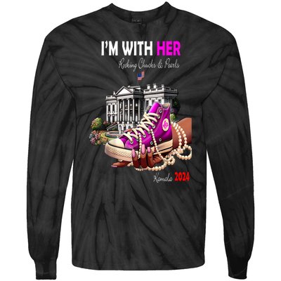 President Harris Im With Her Rocking Chucks & Pearls Kamala Harris 2024 Gift Tie-Dye Long Sleeve Shirt