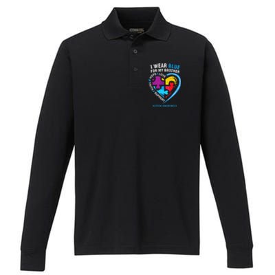 Puzzle heart I Wear Blue For My Brother Autism Awareness Performance Long Sleeve Polo