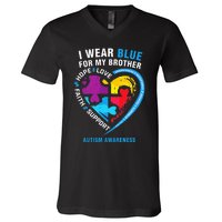 Puzzle heart I Wear Blue For My Brother Autism Awareness V-Neck T-Shirt