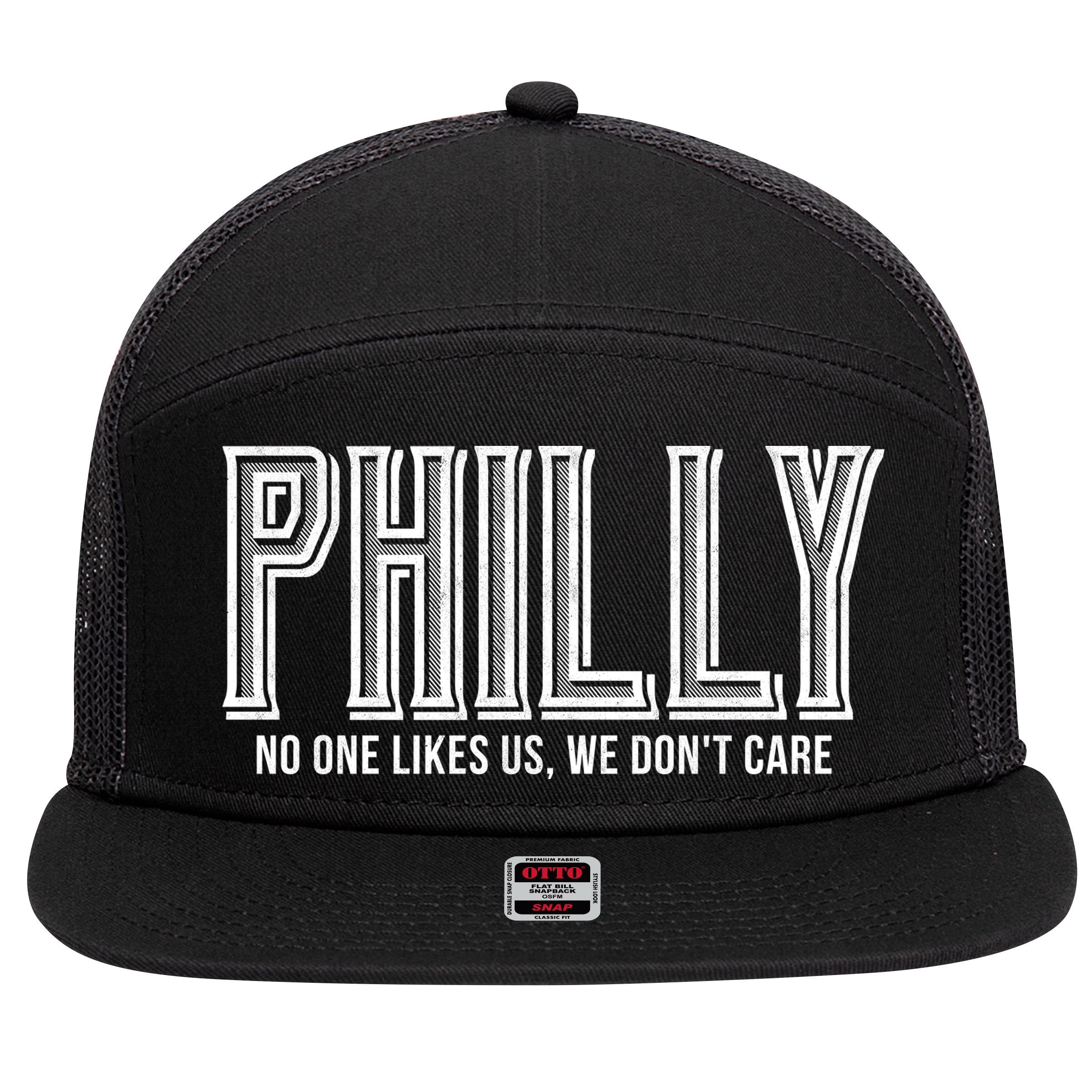 Philly Fan No One Likes Us We Don't Care 7 Panel Mesh Trucker Snapback Hat