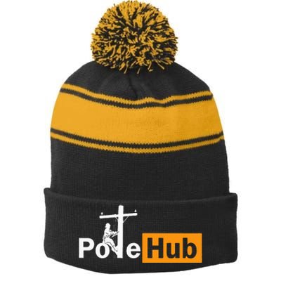 Pole Hub Lineman Line Worker Utility Pole Funny Lineman Fun Stripe Pom Pom Beanie