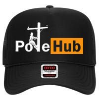 Pole Hub Lineman Line Worker Utility Pole Funny Lineman Fun High Crown Mesh Back Trucker Hat