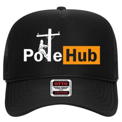 Pole Hub Lineman Line Worker Utility Pole Funny Lineman Fun High Crown Mesh Back Trucker Hat