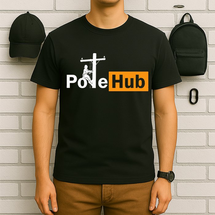 Pole Hub Lineman Line Worker Utility Pole Funny Lineman Fun T-Shirt