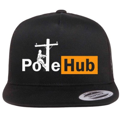 Pole Hub Lineman Line Worker Utility Pole Funny Lineman Fun Flat Bill Trucker Hat