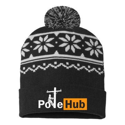 Pole Hub Lineman Line Worker Utility Pole Funny Lineman Fun USA-Made Snowflake Beanie