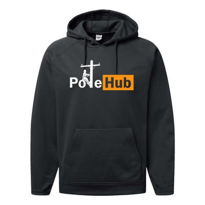 Pole Hub Lineman Line Worker Utility Pole Funny Lineman Fun Performance Fleece Hoodie