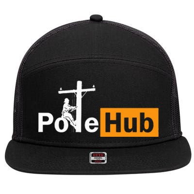 Pole Hub Lineman Line Worker Utility Pole Funny Lineman Fun 7 Panel Mesh Trucker Snapback Hat