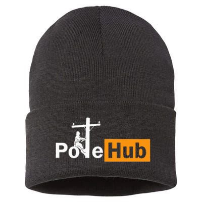 Pole Hub Lineman Line Worker Utility Pole Funny Lineman Fun Sustainable Knit Beanie