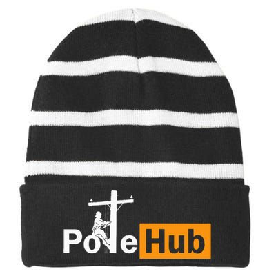 Pole Hub Lineman Line Worker Utility Pole Funny Lineman Fun Striped Beanie with Solid Band