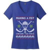 Playing Hockey Making A Fist Checking You Twice Ugly Gift Women's V-Neck T-Shirt