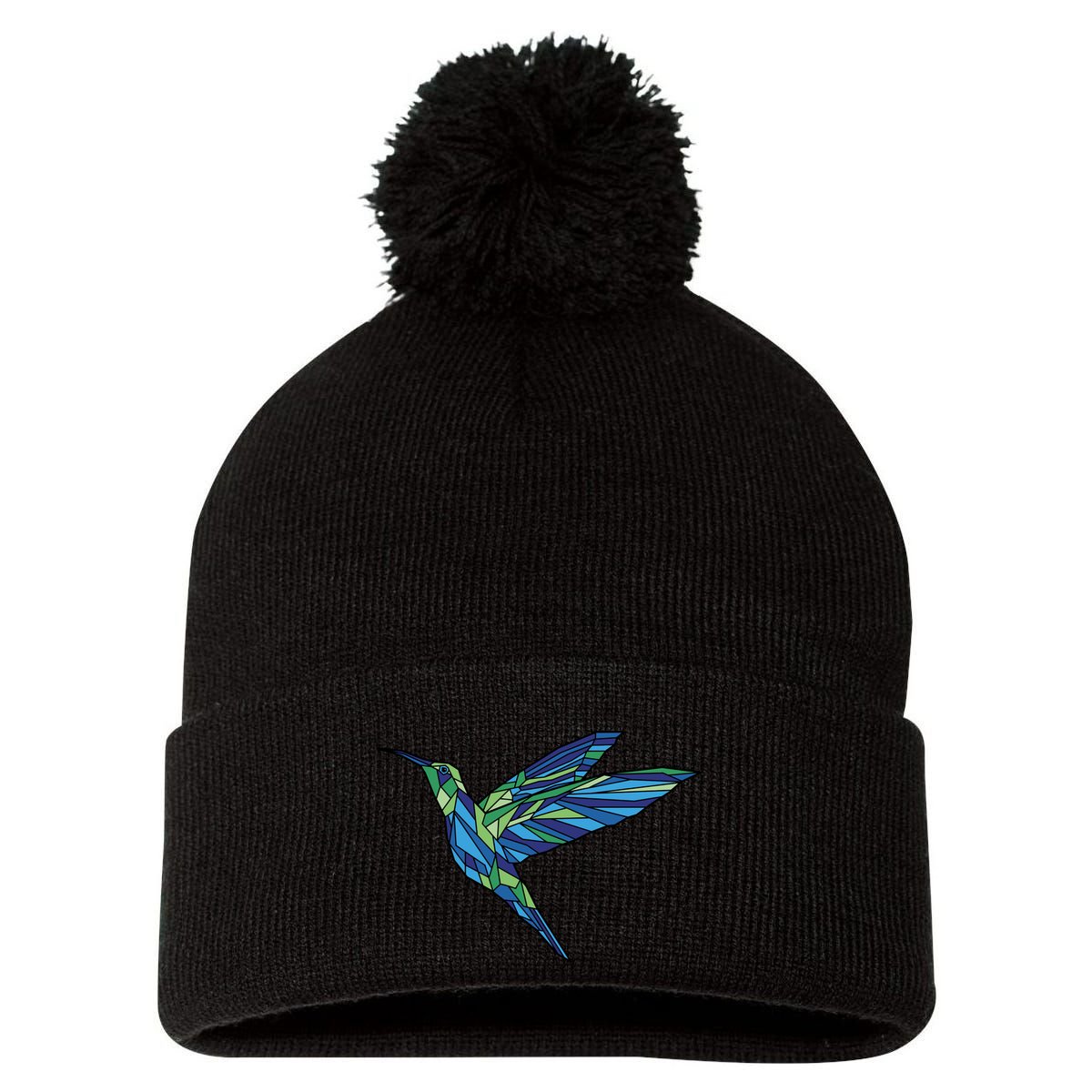 Polygonal Hummingbird Nature Pom Pom 12in Knit Beanie