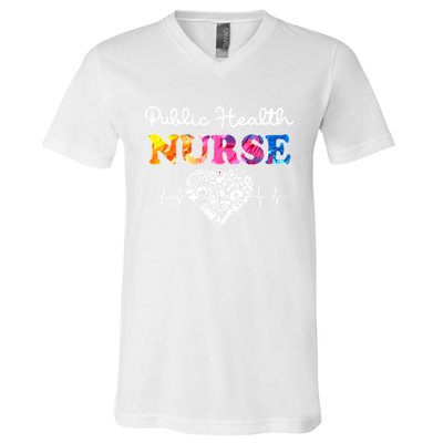 Public Health Nurse Watercol Love Heart Stethoscope Rn Nurse Gift V-Neck T-Shirt