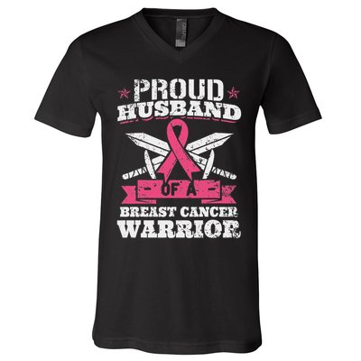 Proud Husband Of Breast Cancer Warrior Awareness Ribbon V-Neck T-Shirt