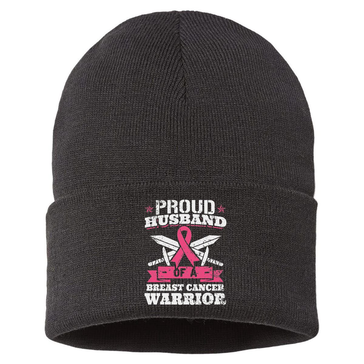 Proud Husband Of Breast Cancer Warrior Awareness Ribbon Sustainable Knit Beanie