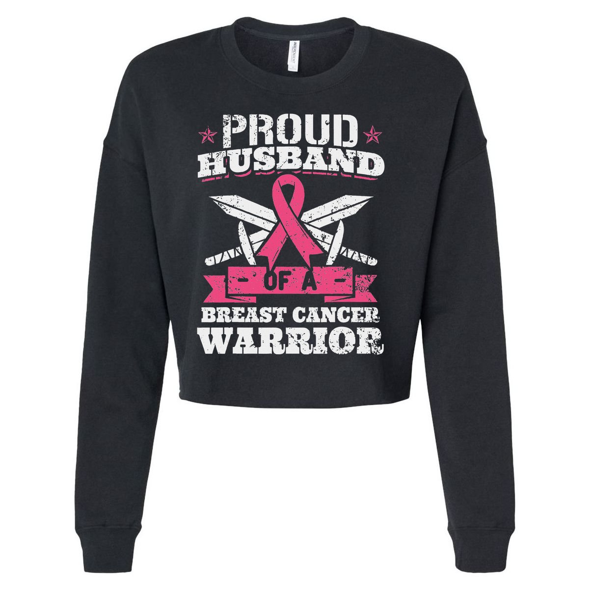 Proud Husband Of Breast Cancer Warrior Awareness Ribbon Cropped Pullover Crew