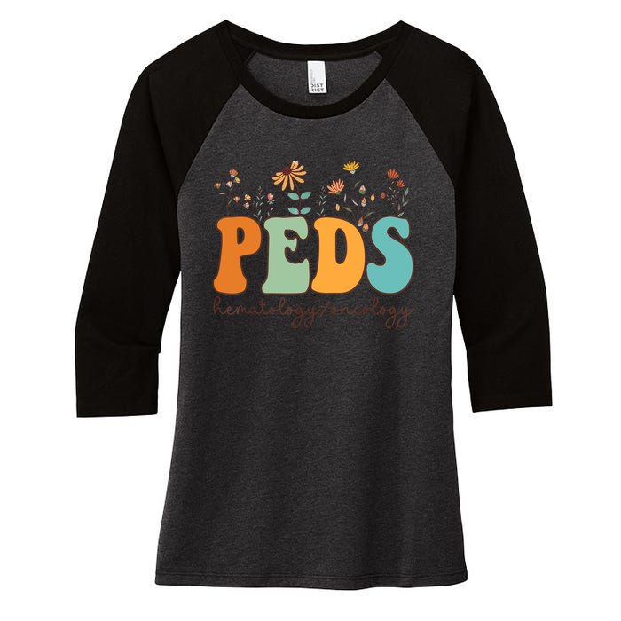 Pediatric Hematology Oncology Nurse Retro Groovy Wildflowers Women's Tri-Blend 3/4-Sleeve Raglan Shirt