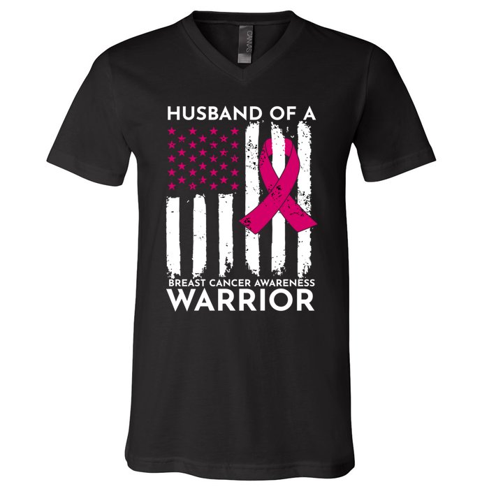 Pink Husband Of A Breast Cancer Awareness  Month Warrior V-Neck T-Shirt