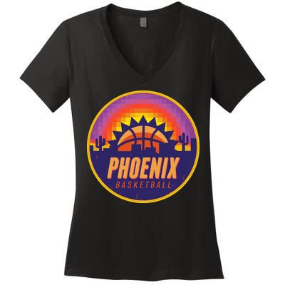 Phoenix Basketball Retro Logo Pixel Sunset Women's V-Neck T-Shirt