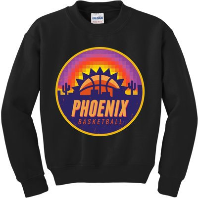 Phoenix Basketball Retro Logo Pixel Sunset Kids Sweatshirt