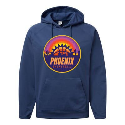 Phoenix Basketball Retro Logo Pixel Sunset Performance Fleece Hoodie