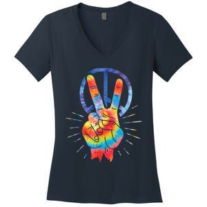 Peace Hand Peace Sign Tie Dye Women's V-Neck T-Shirt