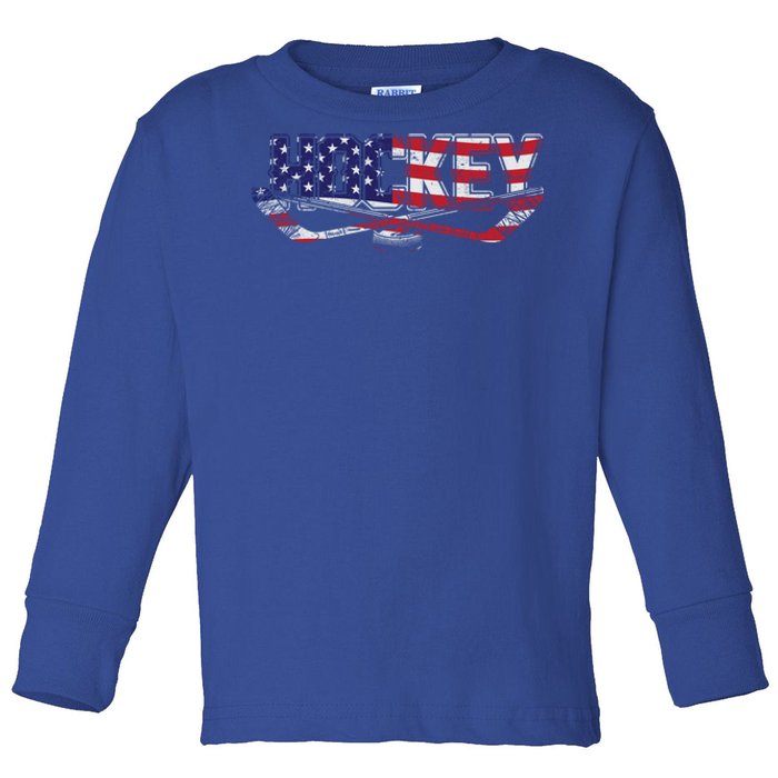 Patriotic Hockey Player Hockey Sticks Usa Flag Ice Hockey Gift Toddler Long Sleeve Shirt