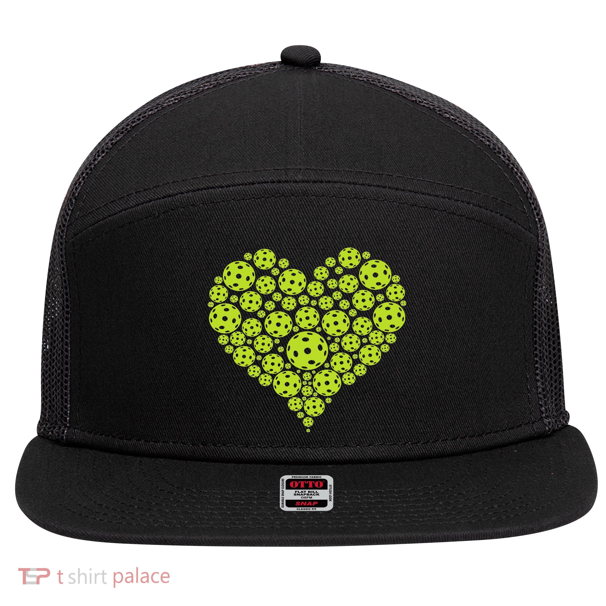Pickleball Heart Professional Pickleball Game 7 Panel Mesh Trucker Snapback Hat