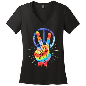 Peace Hand Peace Sign Tie Dye Women's V-Neck T-Shirt