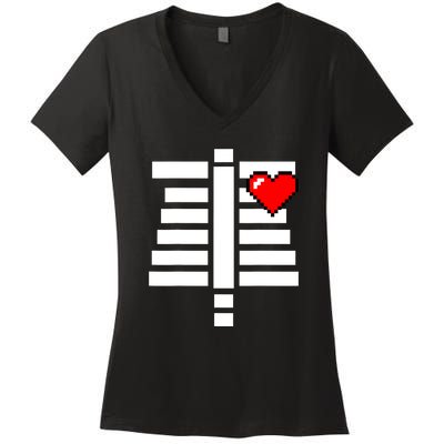 Pixelated Heart Pixel Skeleton Costume Halloween Gaming Women's V-Neck T-Shirt