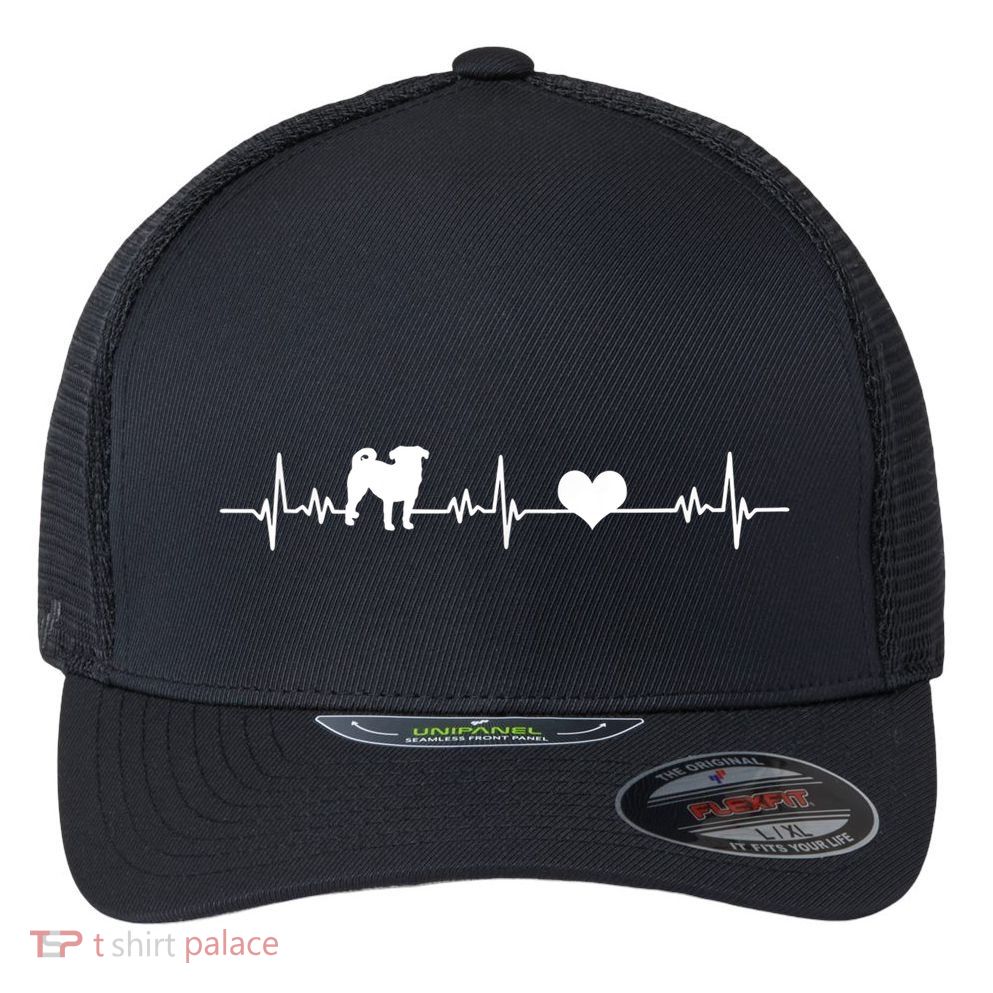 Pug Heartbeat Pug Love Dog Dog Frequency Ekg Flexfit Unipanel Trucker Cap