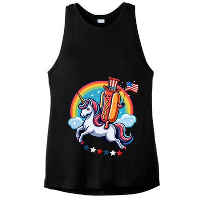 Patriotic Hotdog Riding Unicorn 4th Of July American Flag Ladies PosiCharge Tri-Blend Wicking Tank