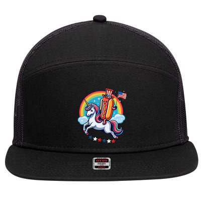 Patriotic Hotdog Riding Unicorn 4th Of July American Flag 7 Panel Mesh Trucker Snapback Hat