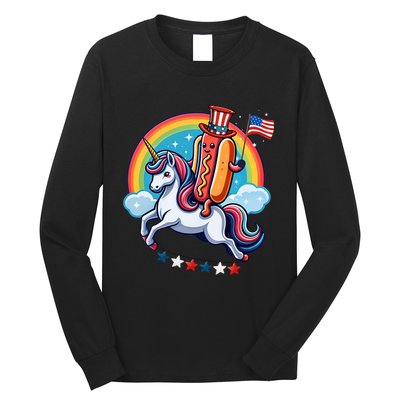 Patriotic Hotdog Riding Unicorn 4th Of July American Flag Long Sleeve Shirt