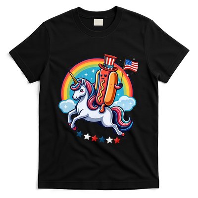 Patriotic Hotdog Riding Unicorn 4th Of July American Flag T-Shirt