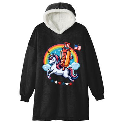 Patriotic Hotdog Riding Unicorn 4th Of July American Flag Hooded Wearable Blanket